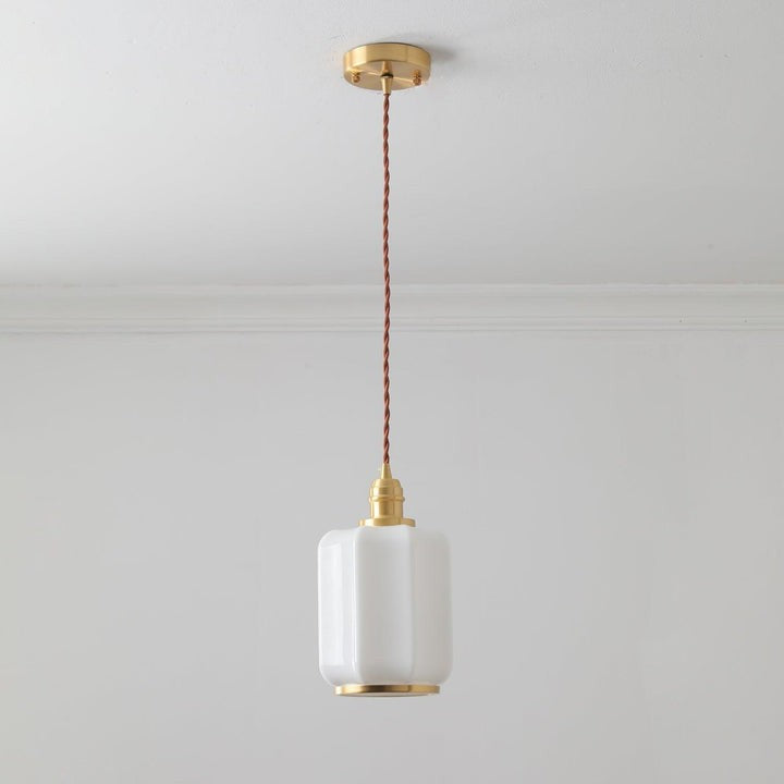 Brass Funnel Pendant Light with White Glass Shade
