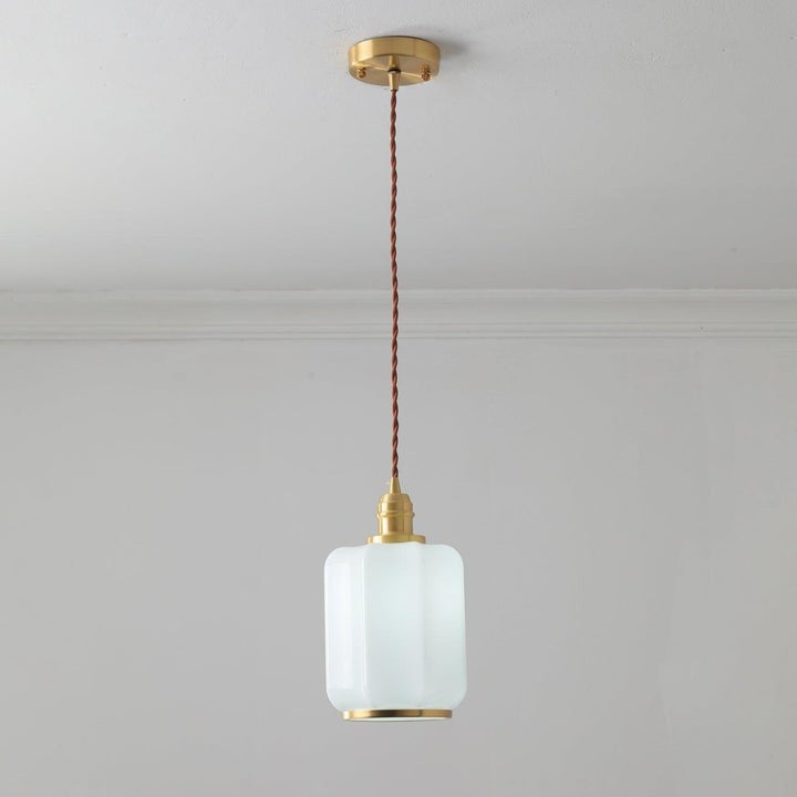 Brass Funnel Pendant Light with White Glass Shade
