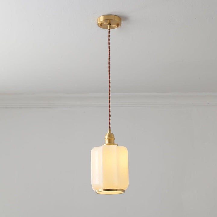 Brass Funnel Pendant Light with White Glass Shade