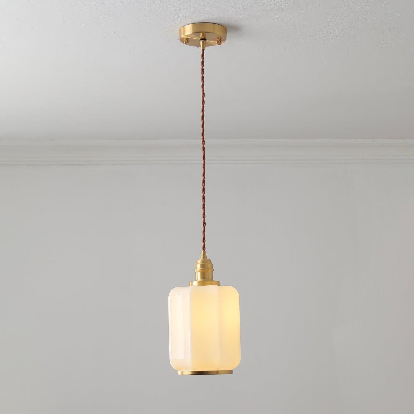Brass Funnel Pendant Light with White Glass Shade