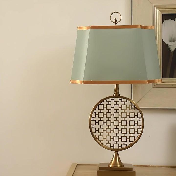 Brass Linen Table Lamp with Blue Fabric Shade