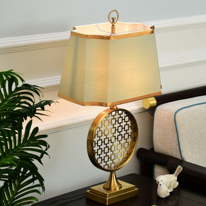 Brass Linen Table Lamp with Blue Fabric Shade