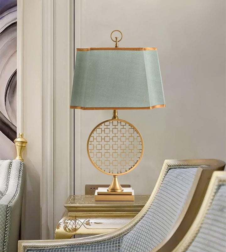 Brass Linen Table Lamp with Blue Fabric Shade