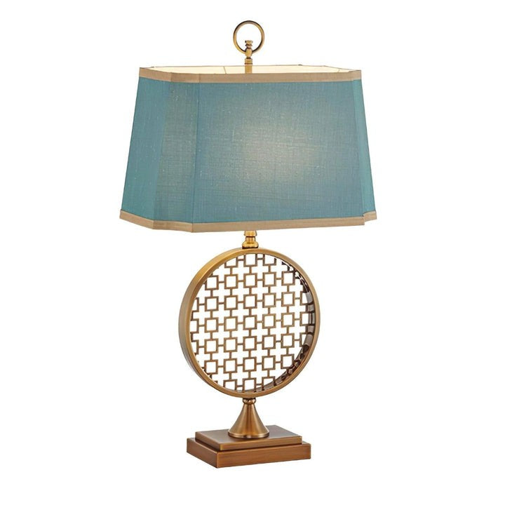 Brass Linen Table Lamp with Blue Fabric Shade