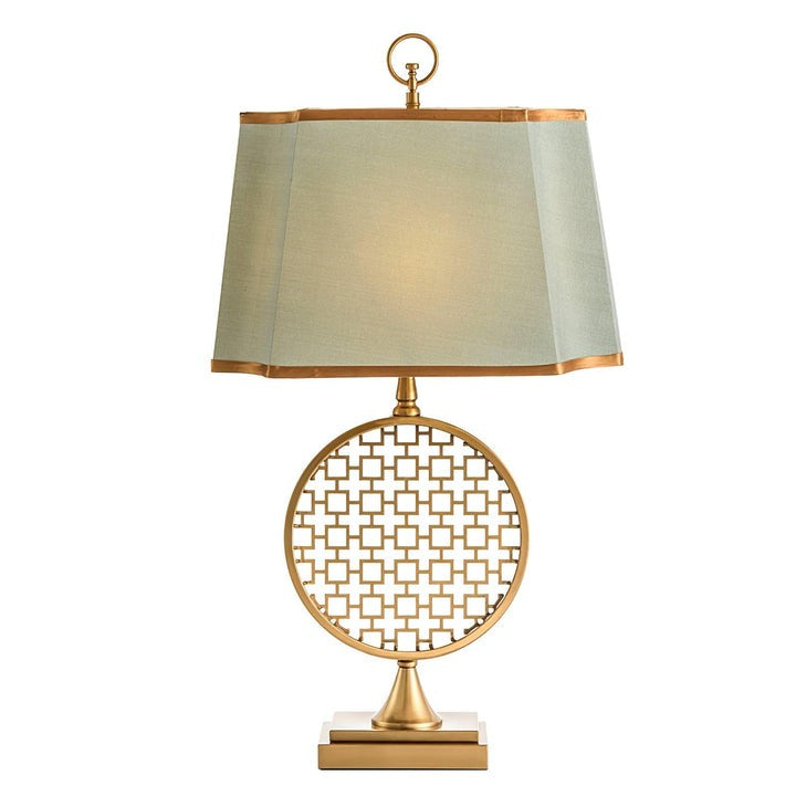Brass Linen Table Lamp with Blue Fabric Shade