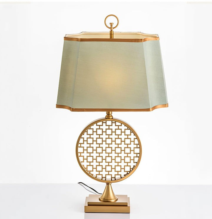 Brass Linen Table Lamp with Blue Fabric Shade