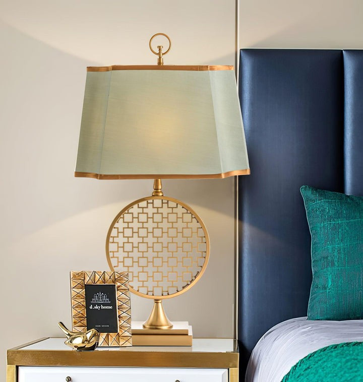 Brass Linen Table Lamp with Blue Fabric Shade