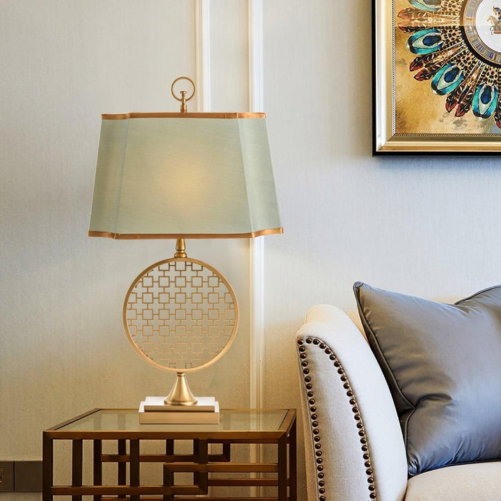 Brass Linen Table Lamp with Blue Fabric Shade
