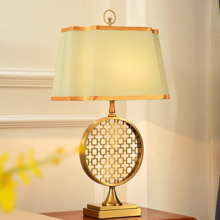Brass Linen Table Lamp with Blue Fabric Shade