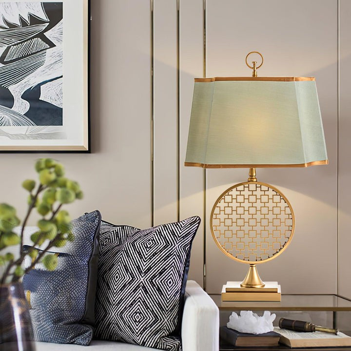 Brass Linen Table Lamp with Blue Fabric Shade