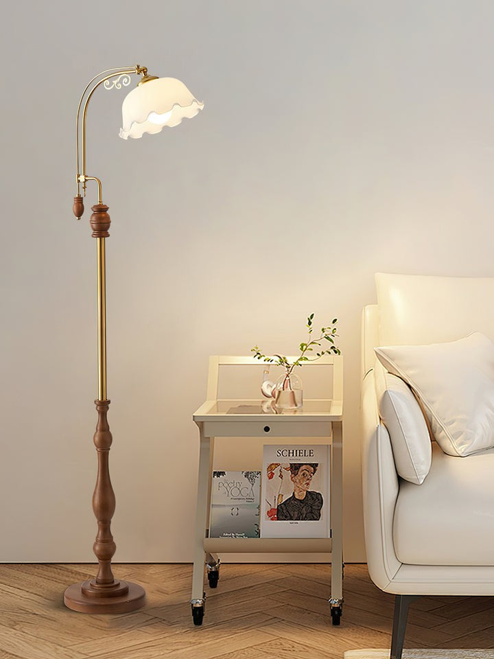 Brass & Wood Arched LED Floor Lamp – 66" Height