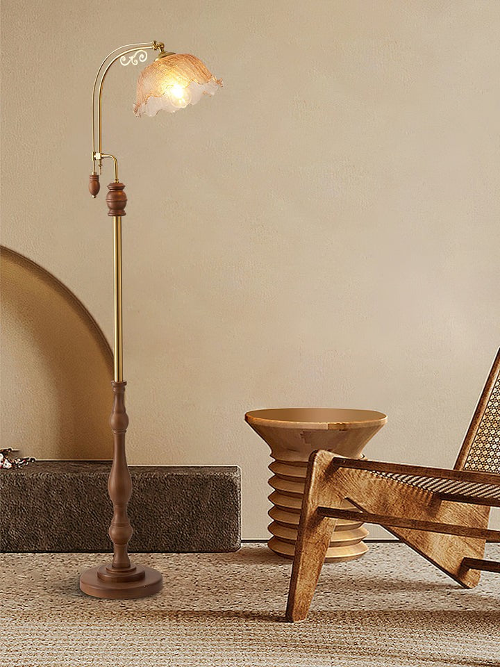 Brass & Wood Arched LED Floor Lamp – 66" Height