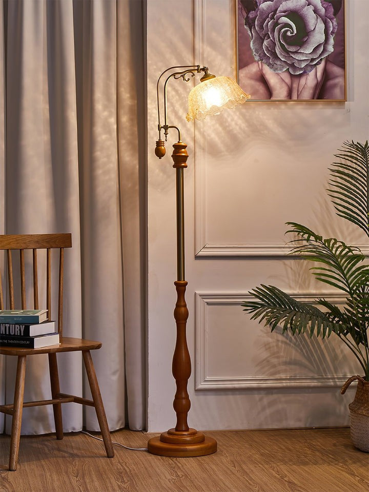 Brass & Wood Arched LED Floor Lamp – 66" Height