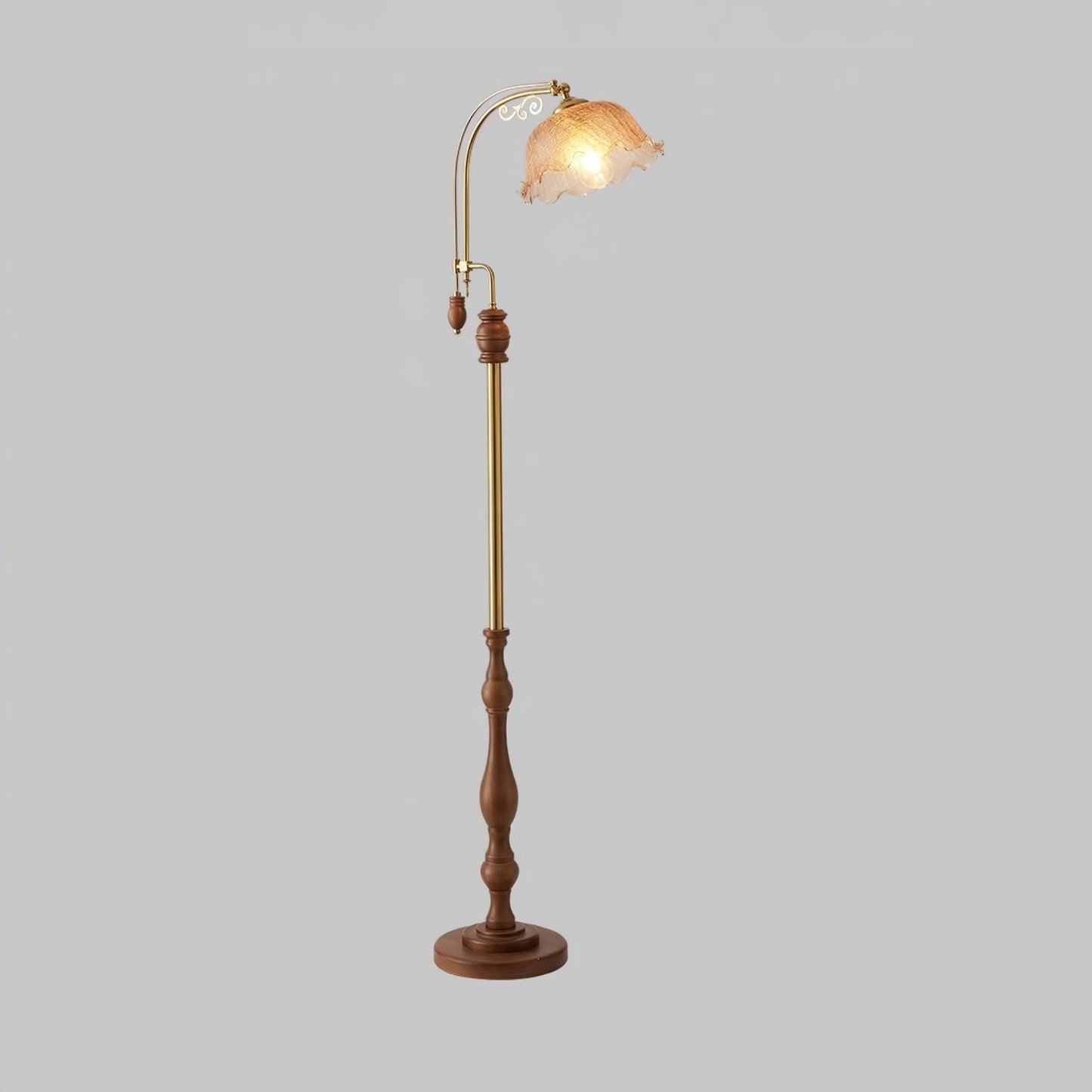 Brass & Wood Arched LED Floor Lamp – 66" Height