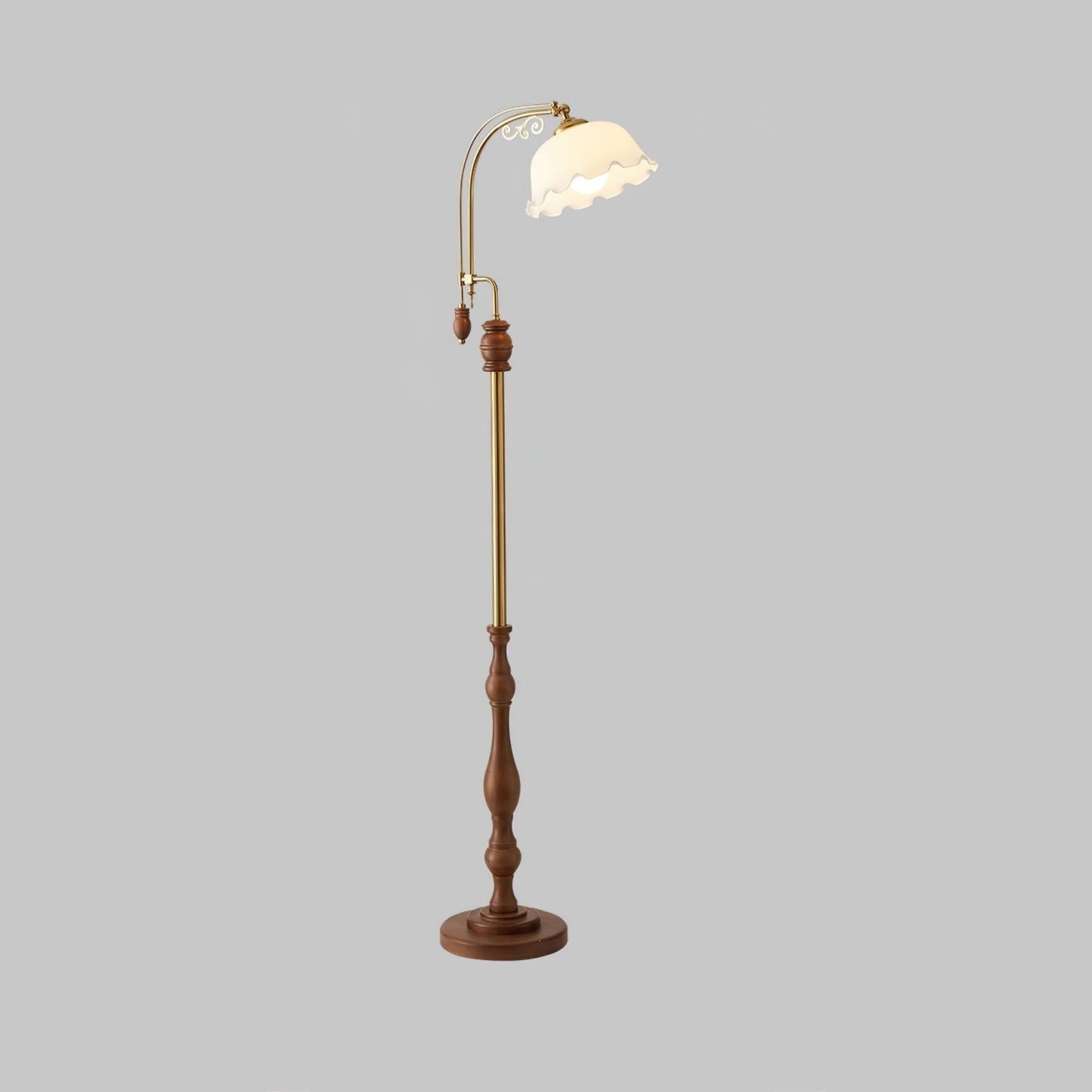 Brass & Wood Arched LED Floor Lamp – 66" Height