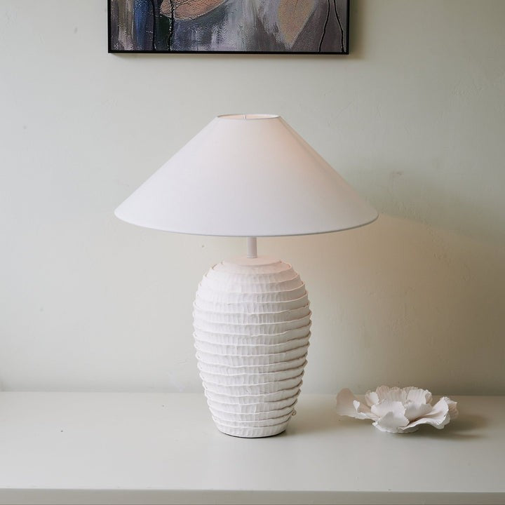 Ceramic Ripple Table Lamp with White Linen Shade