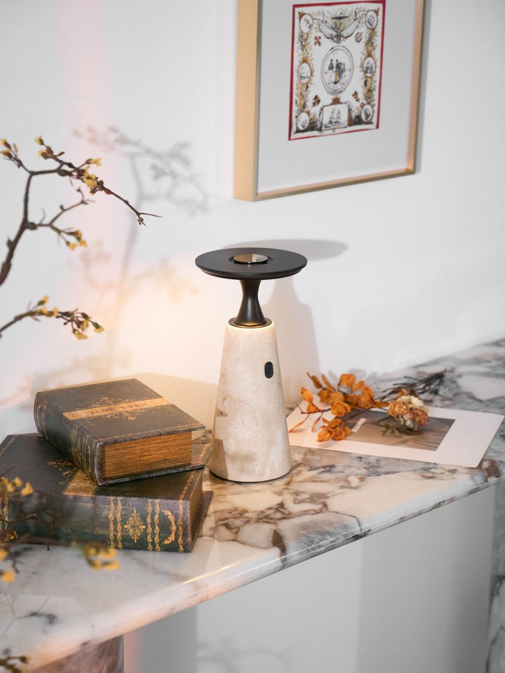 Cordless Travertine Table Lamp with Touch-Activated LED