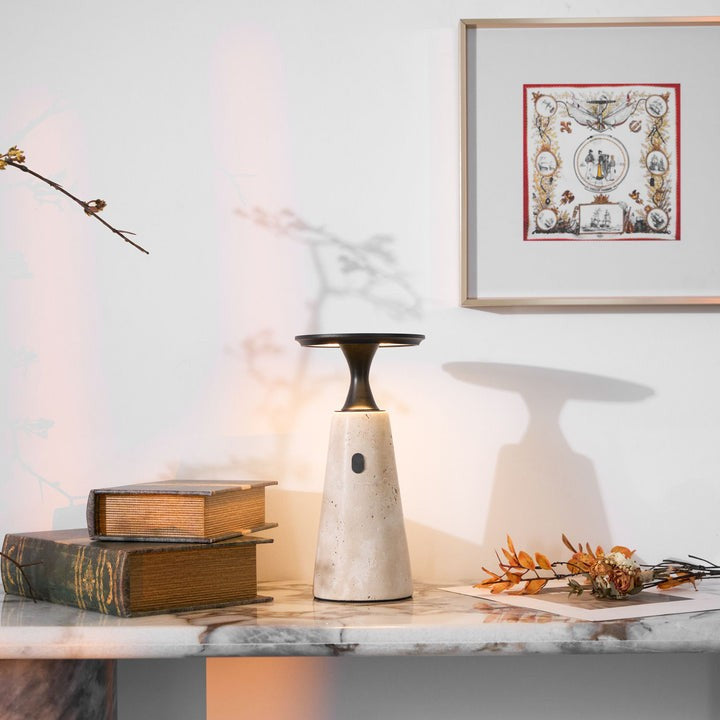 Cordless Travertine Table Lamp with Touch-Activated LED
