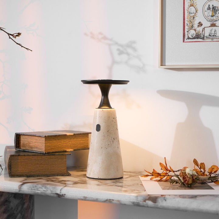 Cordless Travertine Table Lamp with Touch-Activated LED