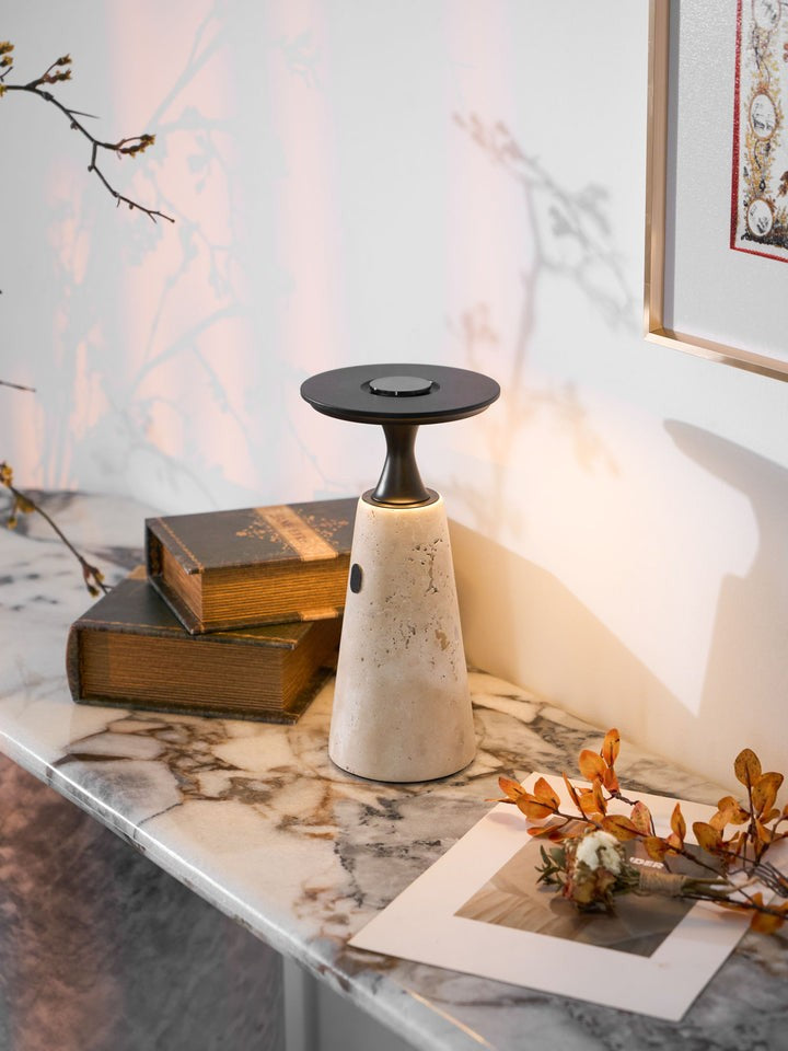 Cordless Travertine Table Lamp with Touch-Activated LED