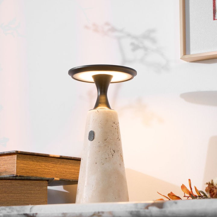 Cordless Travertine Table Lamp with Touch-Activated LED