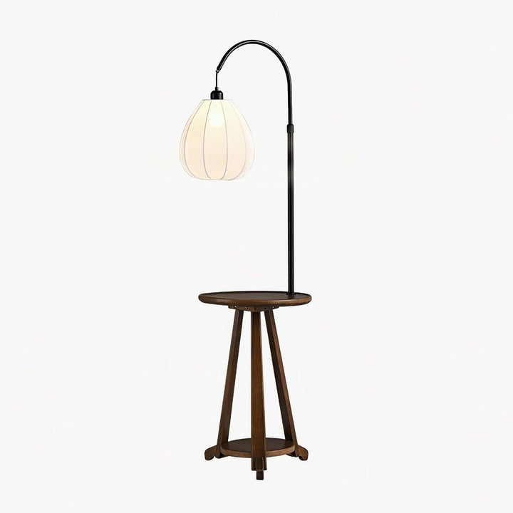 Curved Arc Side Table Floor Lamp with Walnut Wood Shelf