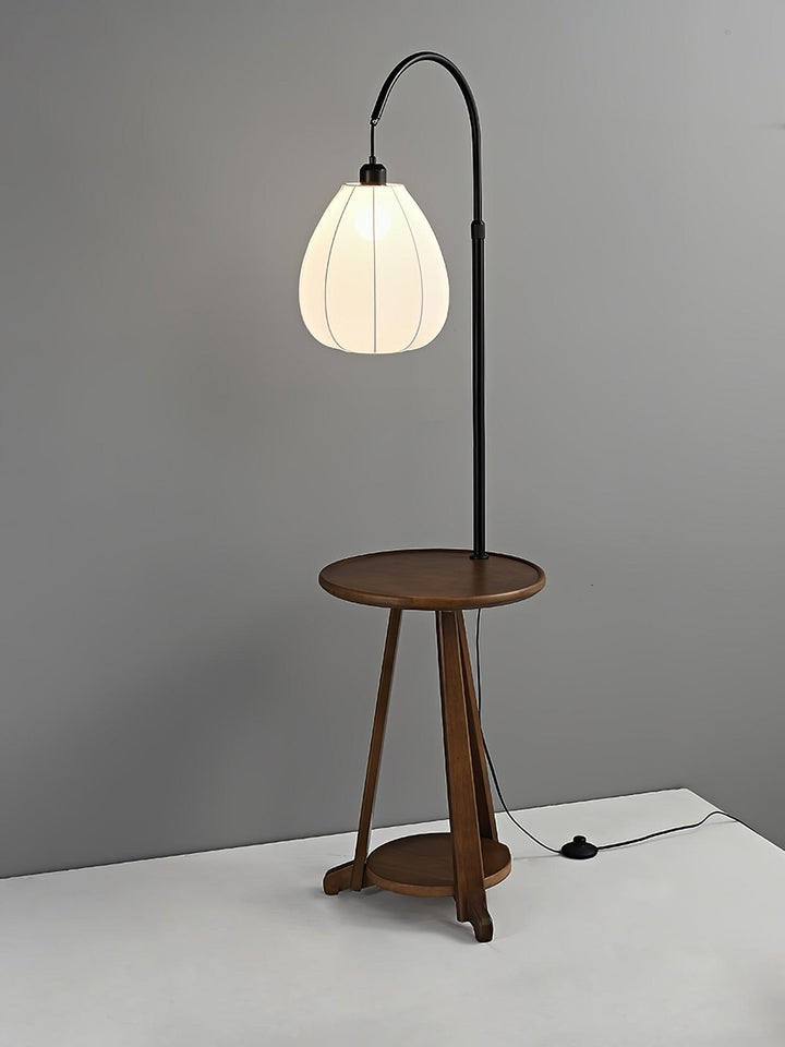 Curved Arc Side Table Floor Lamp with Walnut Wood Shelf