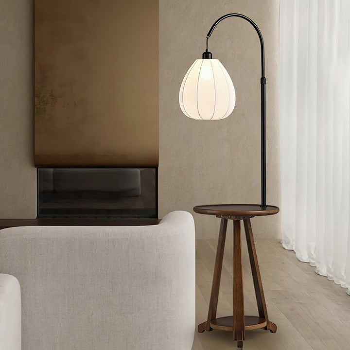 Curved Arc Side Table Floor Lamp with Walnut Wood Shelf