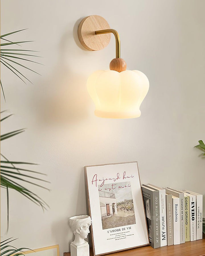 Curved Gold & Wood Wall Sconce with White Glass Shade