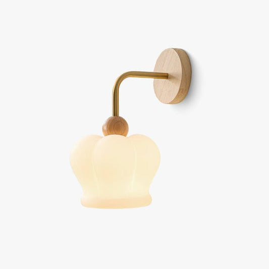 Curved Gold & Wood Wall Sconce with White Glass Shade