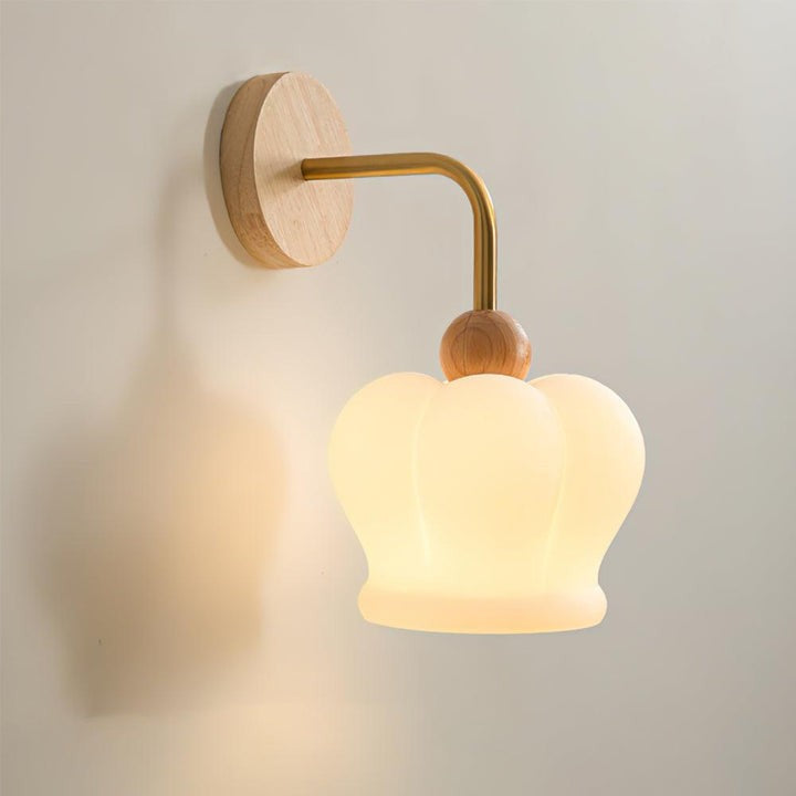 Curved Gold & Wood Wall Sconce with White Glass Shade