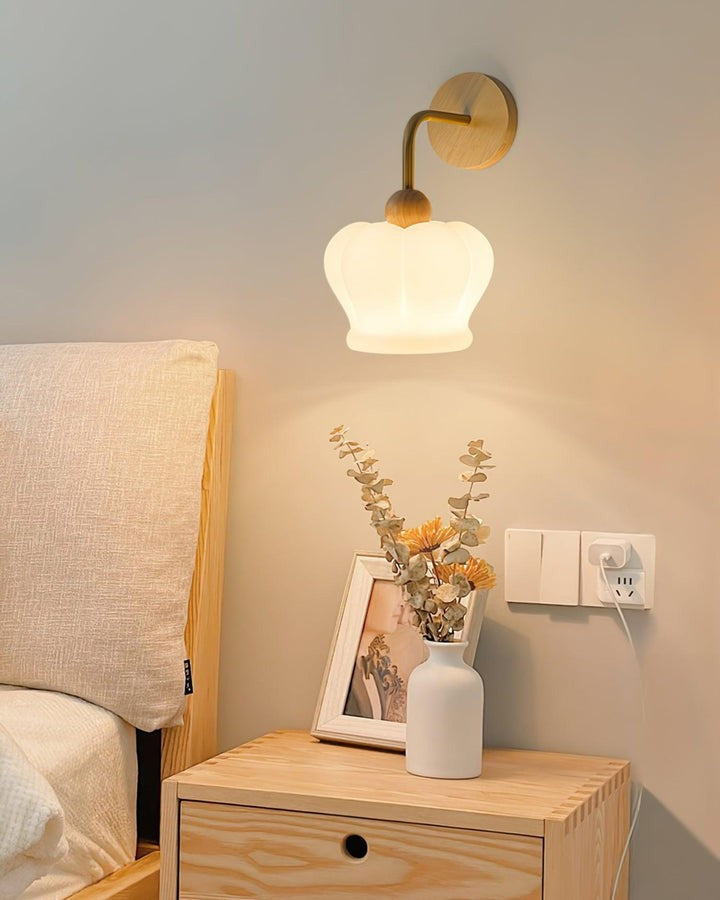 Curved Gold & Wood Wall Sconce with White Glass Shade