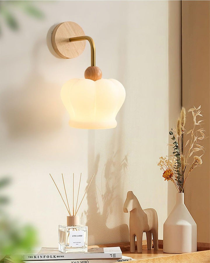 Curved Gold & Wood Wall Sconce with White Glass Shade