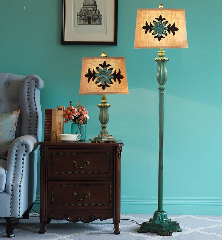 Distressed Resin Floor Lamp with Taupe Bell Shade