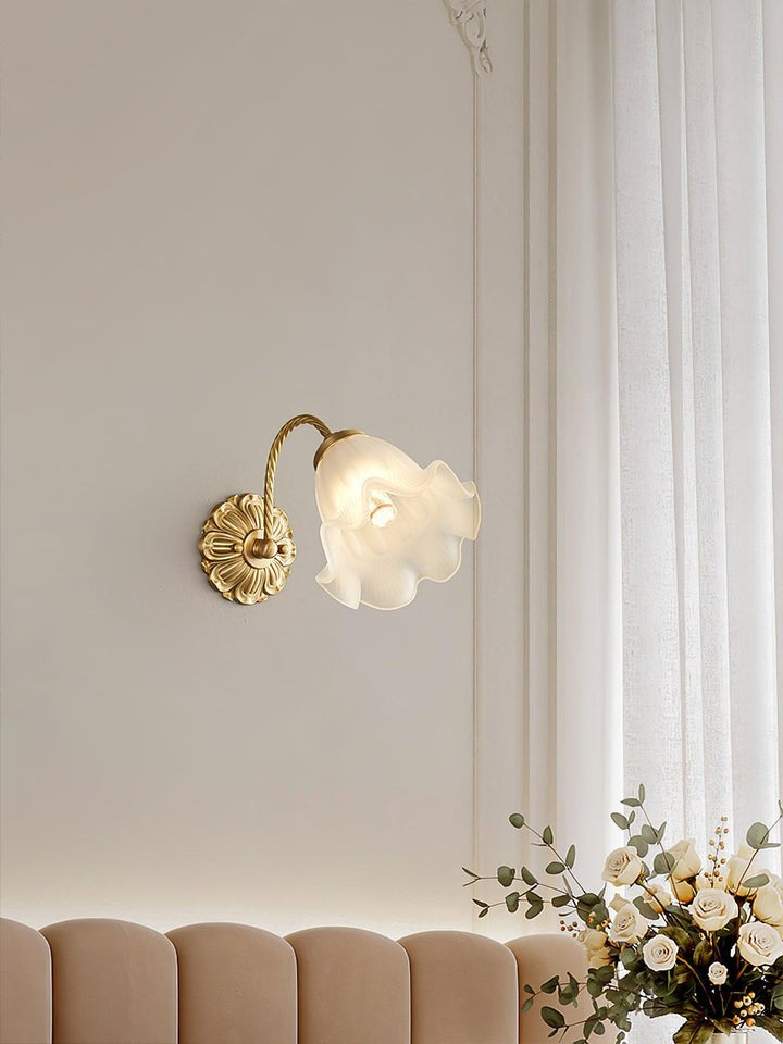 Flared Glass Wall Sconce with Brass Floral Accent