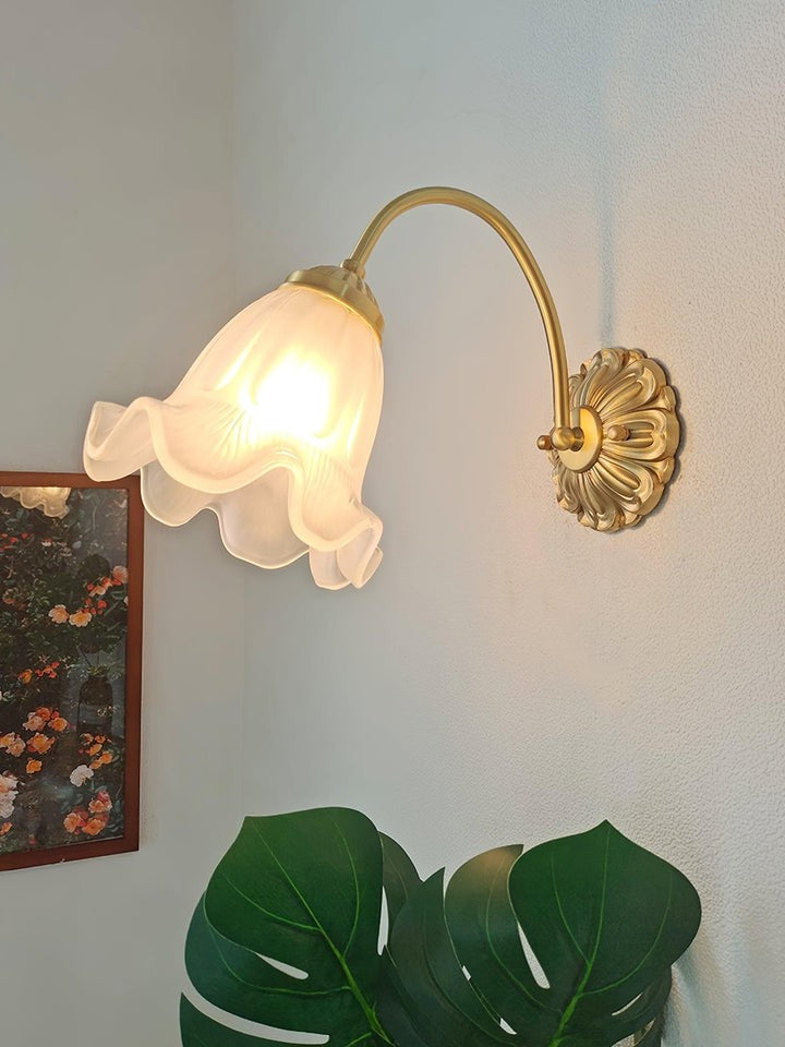 Flared Glass Wall Sconce with Brass Floral Accent