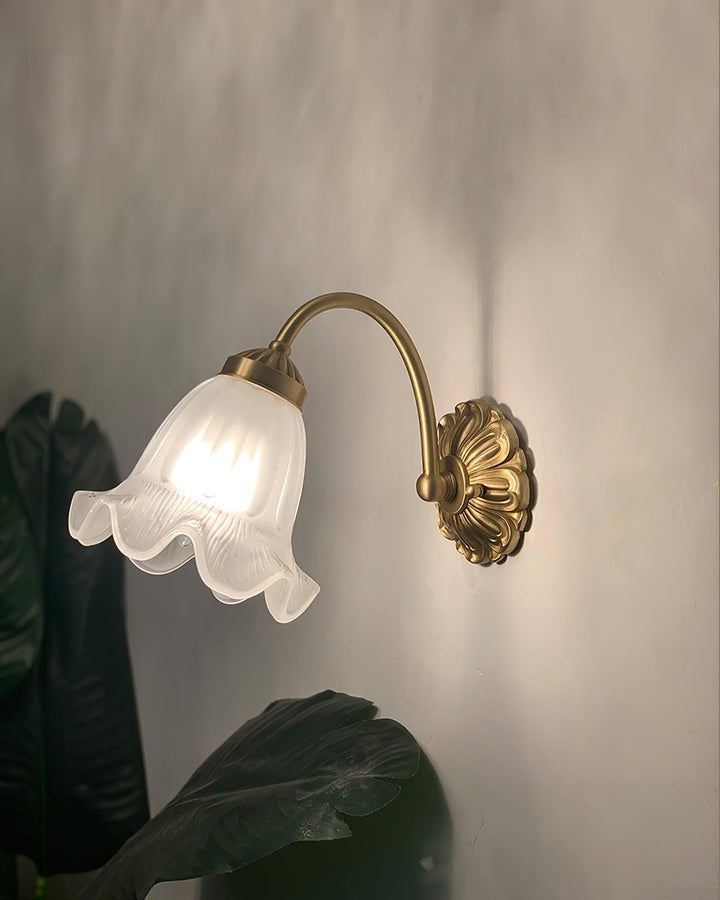 Flared Glass Wall Sconce with Brass Floral Accent