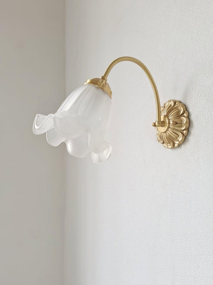 Flared Glass Wall Sconce with Brass Floral Accent