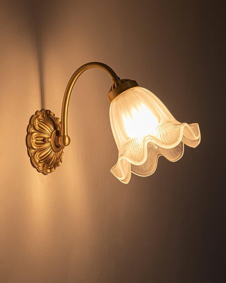 Flared Glass Wall Sconce with Brass Floral Accent