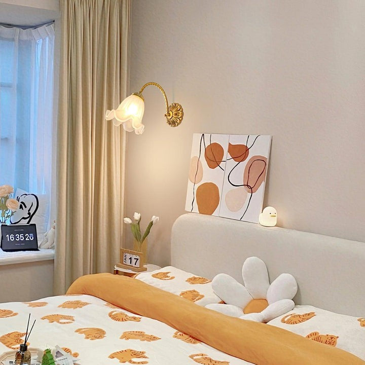 Flared Glass Wall Sconce with Brass Floral Accent