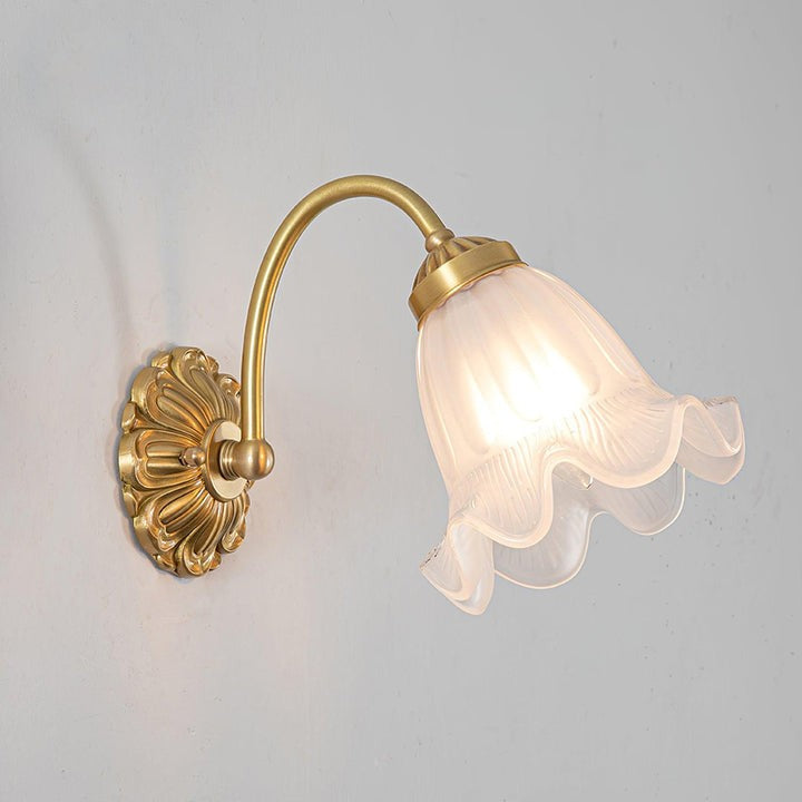 Flared Glass Wall Sconce with Brass Floral Accent