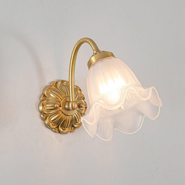Flared Glass Wall Sconce with Brass Floral Accent