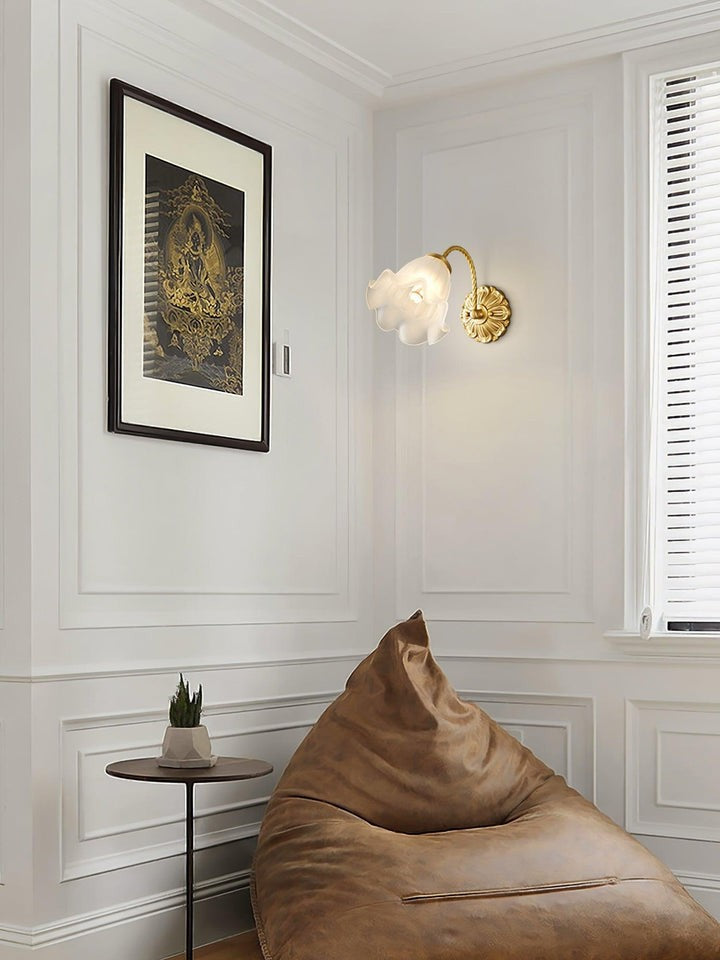 Flared Glass Wall Sconce with Brass Floral Accent