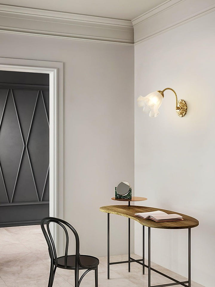 Flared Glass Wall Sconce with Brass Floral Accent