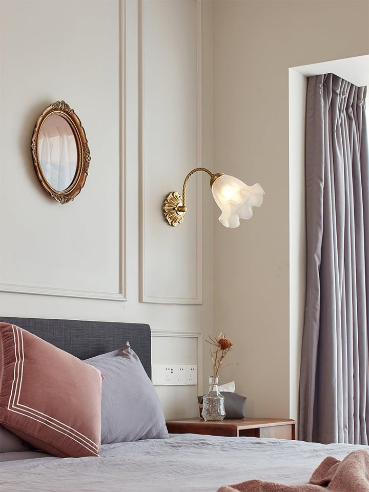 Flared Glass Wall Sconce with Brass Floral Accent