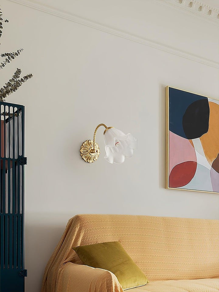 Flared Glass Wall Sconce with Brass Floral Accent
