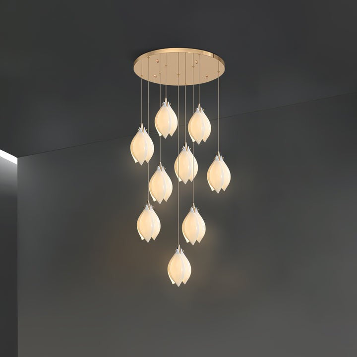 Floral Ceramic & Brass Pendant Light with Adjustable Hanging