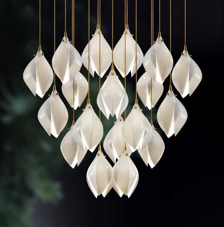 Floral Ceramic & Brass Pendant Light with Adjustable Hanging