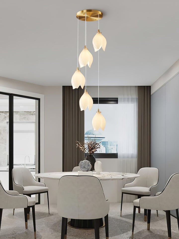 Floral Ceramic & Brass Pendant Light with Adjustable Hanging