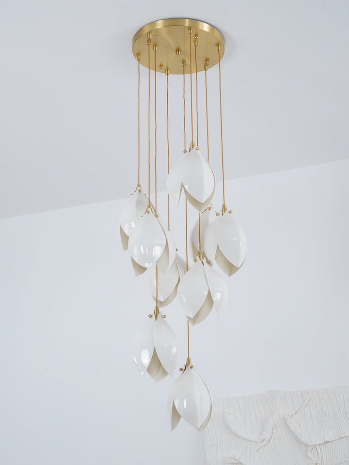 Floral Ceramic & Brass Pendant Light with Adjustable Hanging